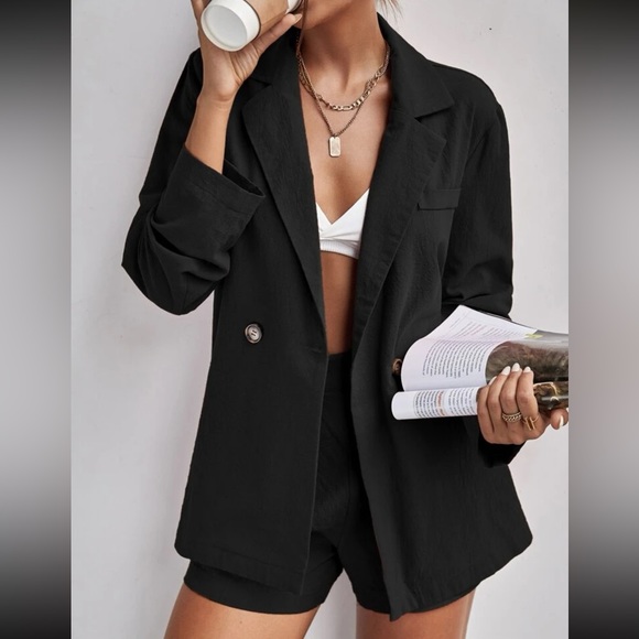 Lapel Collar Button Front Blazer And Shorts Set - Picture 2 of 5